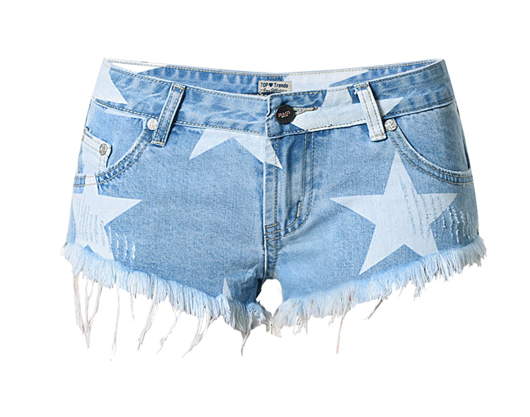 Beach Resort Club Style Women's Short Hot Shorts Star Print Tassel Denim Shorts