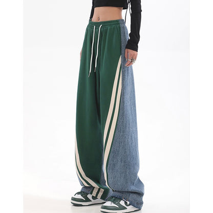 Contrast Color Women High Waist Straight Cropped Pants High Street Drawstring Tie Up Sweatpants Cylinder Lady Wide Leg Trousers