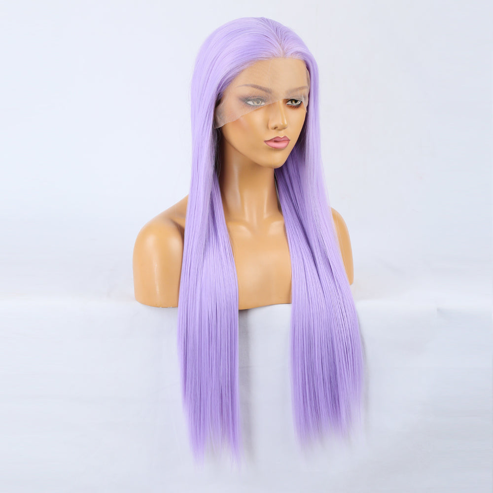 Wig Natural Transition Wig Light Purple Chemical Fiber Front Lace Long Straight Hair Matte High Temperature Silk Headgear 2024