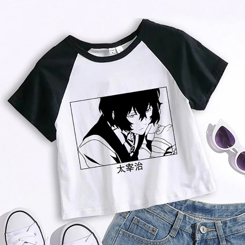 Crop Top Cartoon T Shirt Anime Bungou Stray Dogs Chuuya Nakahara Osamu Dazai Women Tops Tee Summer Clothes Camiseta Streetwear