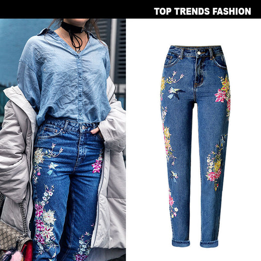 Women's Pop Bird Flower Front and Back Embroidered High Waist Slim Straight Jeans