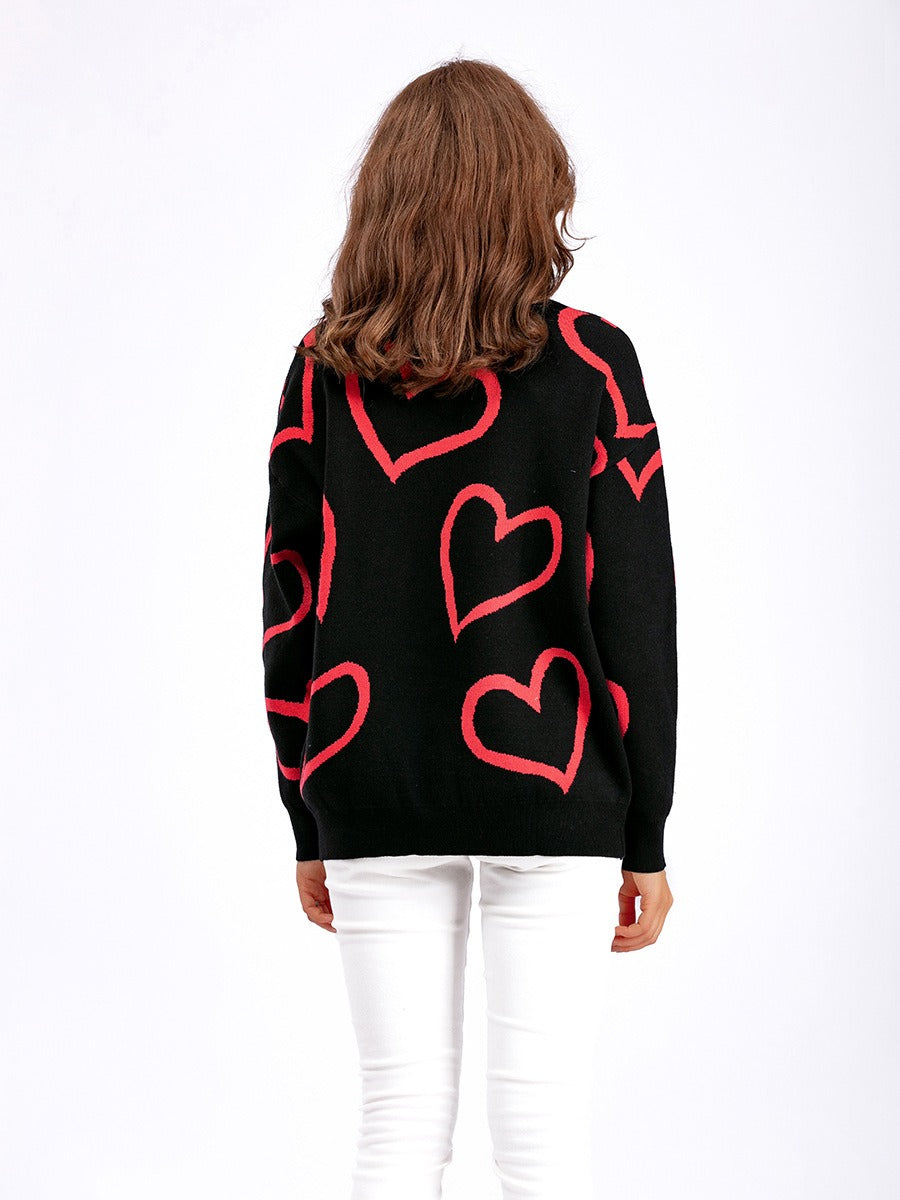 O Neck Heart-shaped Women Sweaters Jumpers Long Sleeve Loose Female Knitted Pullovers