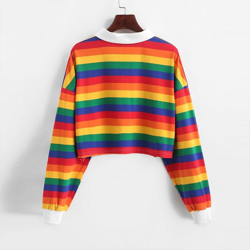 Polo Shirt Women Sweatshirt Long Sleeve Rainbow Color Ladies Hoodies With Button Striped Korean Style Sweatshirt Women