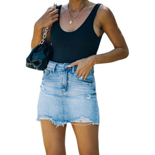 Women's Mini Denim Skirt High Waist Vintage Fashion Korean Slim Straight Summer Sexy Ripped Raw Short Skirt