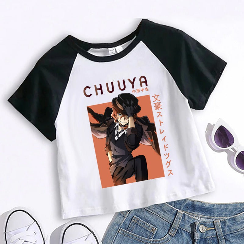 Crop Top Cartoon T Shirt Anime Bungou Stray Dogs Chuuya Nakahara Osamu Dazai Women Tops Tee Summer Clothes Camiseta Streetwear