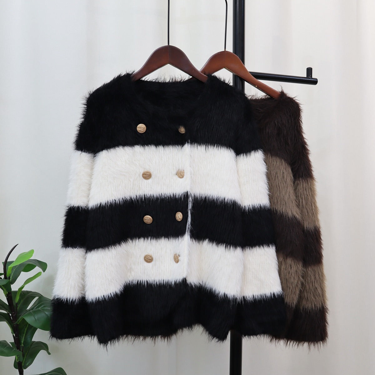 Knitted Women Cardigan Striped Jacket Warm Buttons Faux Fur Loose Sweater Female Crop Top