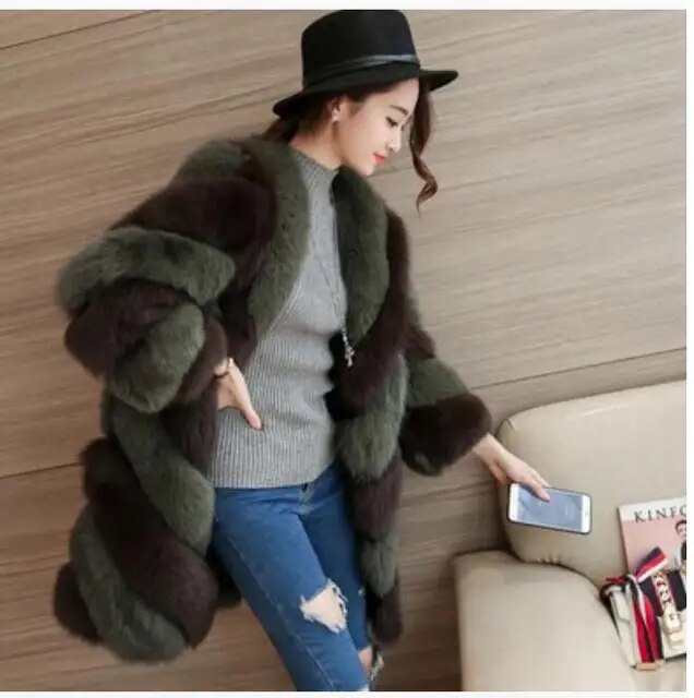 Lanxirui long winter faux fur coat with hood long sleeve zipper black furry fake rabbit fur outwear  shealing women's jacket