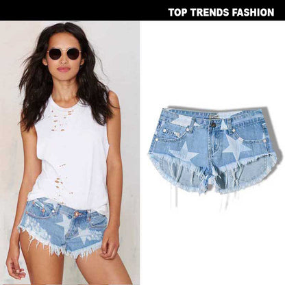 Beach Resort Club Style Women's Short Hot Shorts Star Print Tassel Denim Shorts