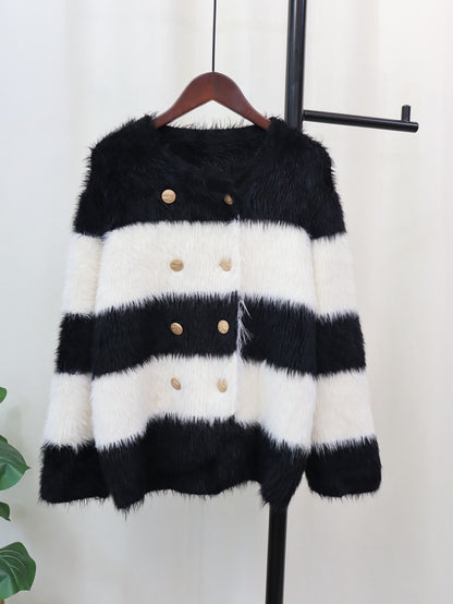 Knitted Women Cardigan Striped Jacket Warm Buttons Faux Fur Loose Sweater Female Crop Top