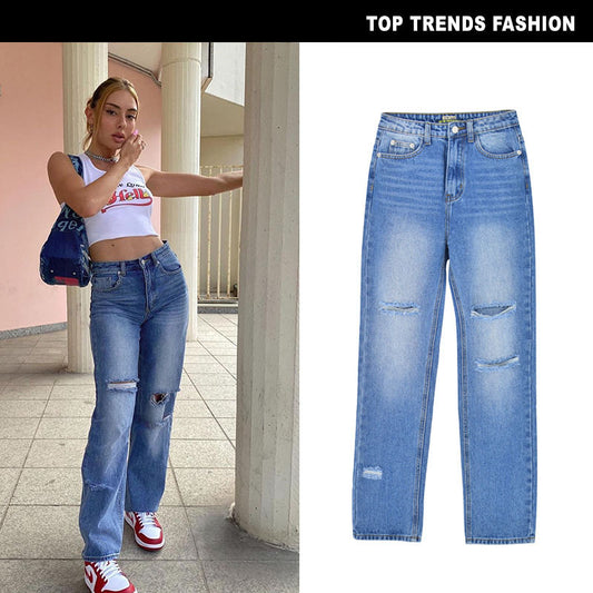 Summer High Waist Straight Loose Daddy Pants Drape Hole Women's Denim Trousers Mopping Pants