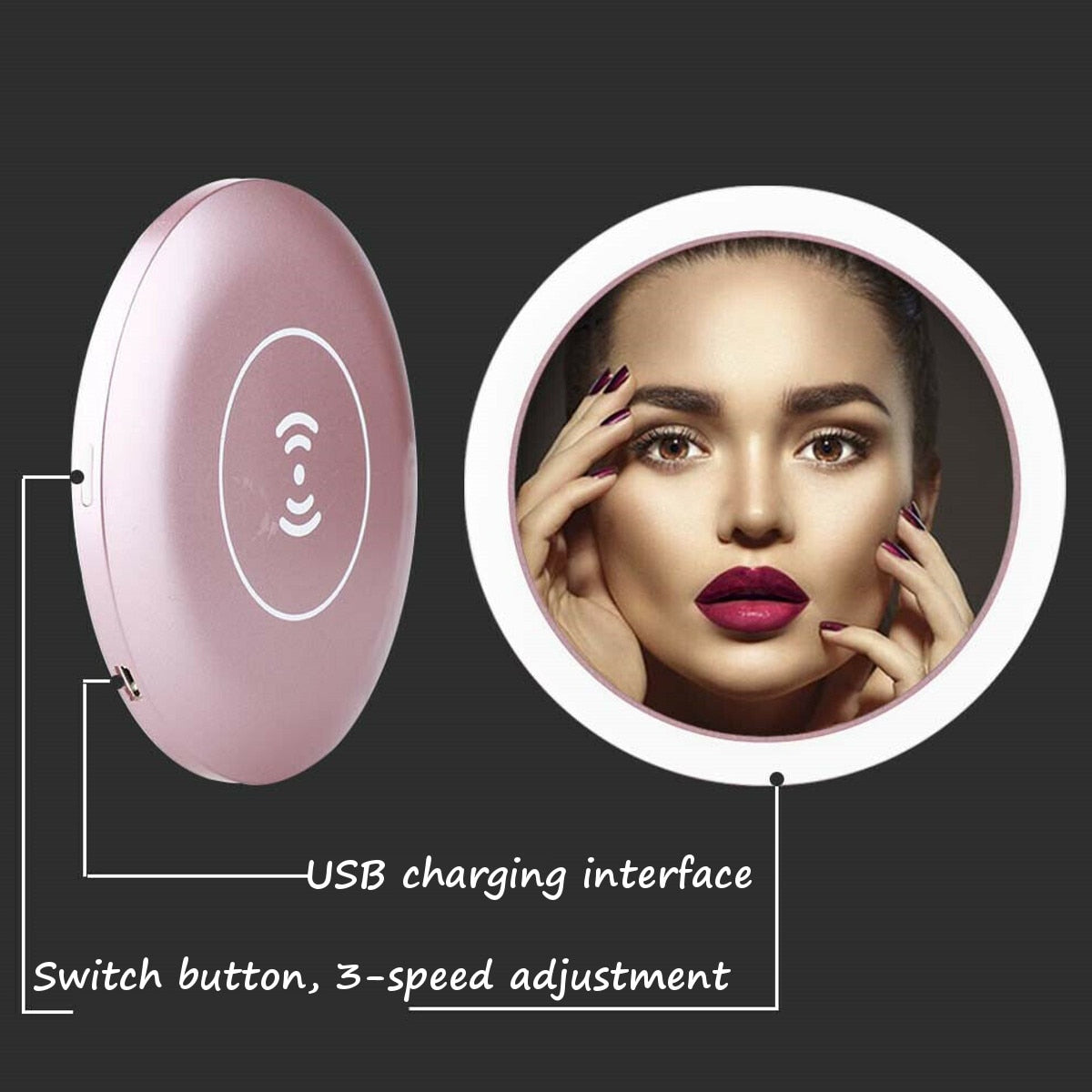 Portable LED Lighted Mini Circular Makeup Mirror Compact Travel Sensing Lighting Cosmetic Mirror Wireless USB Charging