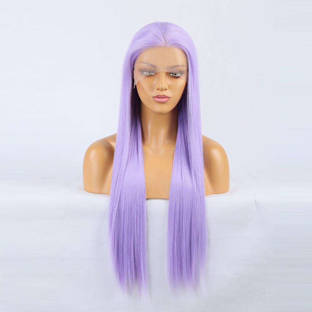 Wig Natural Transition Wig Light Purple Chemical Fiber Front Lace Long Straight Hair Matte High Temperature Silk Headgear 2024