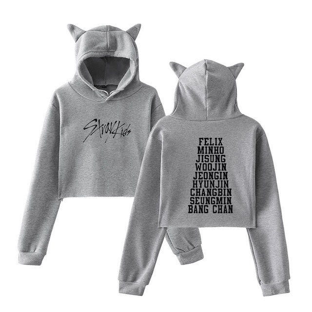 Kpop StrayKids Member Name Print Sexy Cropped Hoodies Women Kawaii Cat Ears Pullovers Kpop StrayKids Crop Tops Women