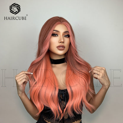 Long Curly Hair 24inch Women's Wig Set In The Middle Part Orange Pink