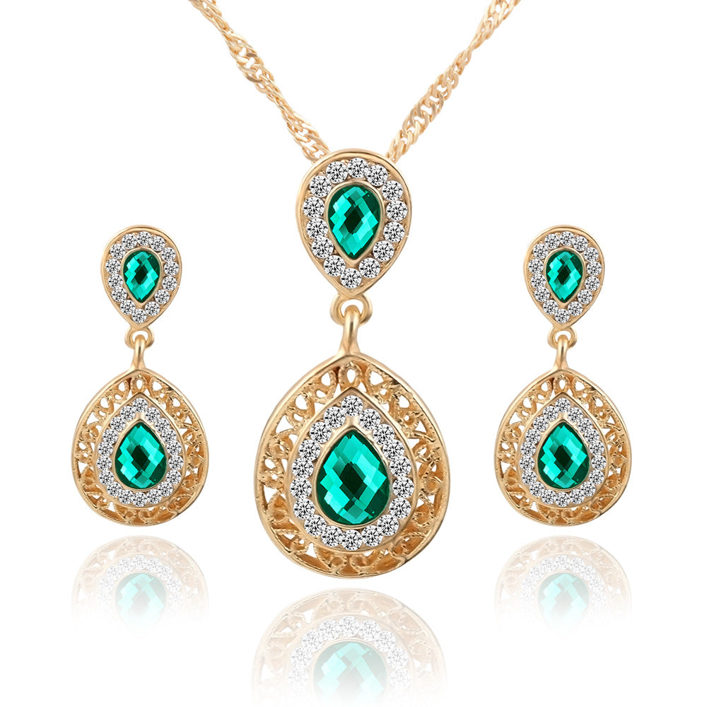 New Earrings Necklace Set Combination Crystal Earrings Water Drop Pendant Jewelry Three Piece Set