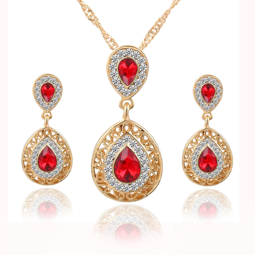 New Earrings Necklace Set Combination Crystal Earrings Water Drop Pendant Jewelry Three Piece Set