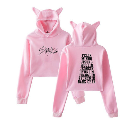 Kpop StrayKids Member Name Print Sexy Cropped Hoodies Women Kawaii Cat Ears Pullovers Kpop StrayKids Crop Tops Women