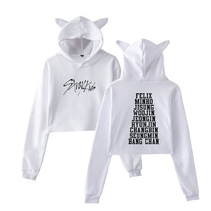 Kpop StrayKids Member Name Print Sexy Cropped Hoodies Women Kawaii Cat Ears Pullovers Kpop StrayKids Crop Tops Women