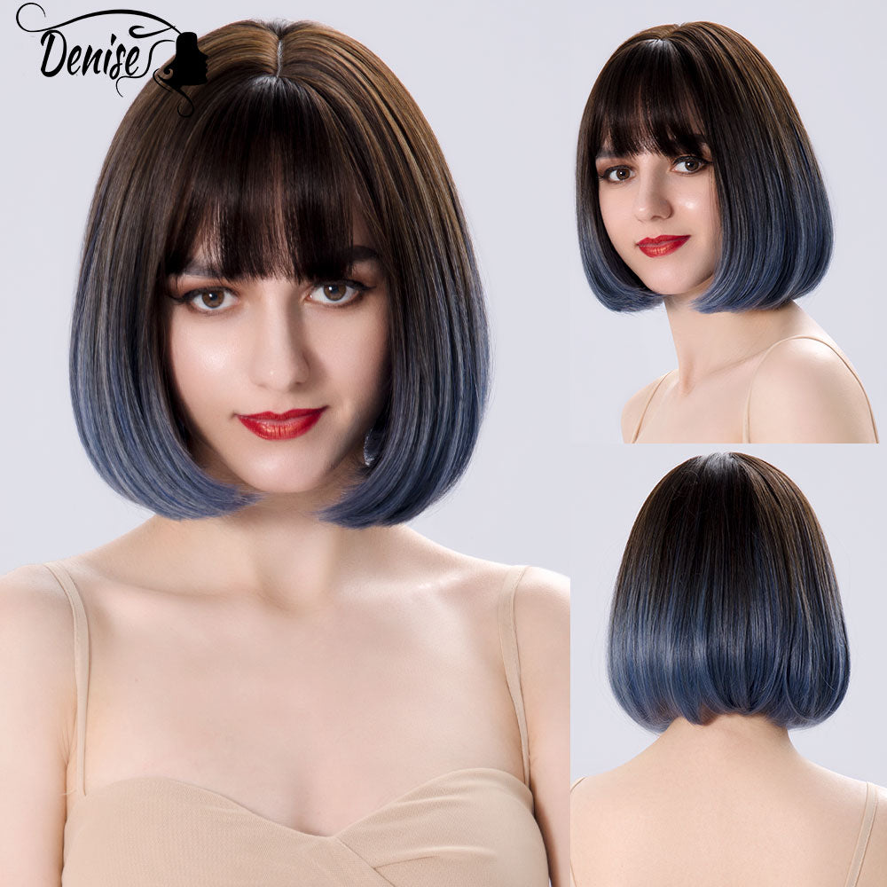 Short  Bob Wig Brown Straight Hair Synthetic Wigs With Bangs For White Women Nutural Cosplay Lolita Heat Resistant Perruque