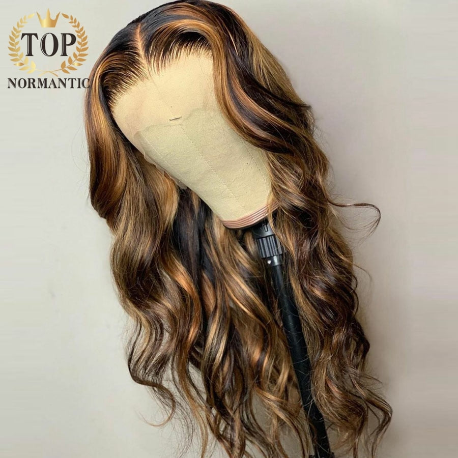 Topnormantic Highlight Color Brazilian Remy Human Hair Wigs with Baby Hair 13x4 Lace Front Blonde Color Loose Wave Wig