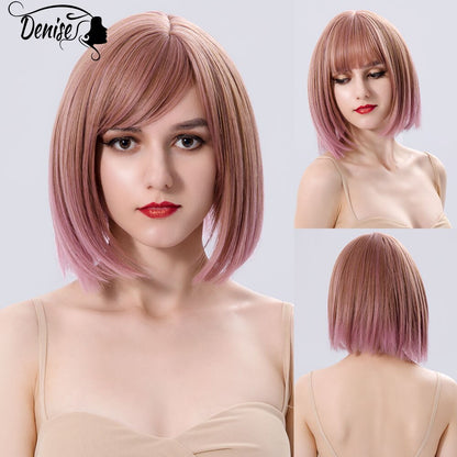 Short  Bob Wig Brown Straight Hair Synthetic Wigs With Bangs For White Women Nutural Cosplay Lolita Heat Resistant Perruque