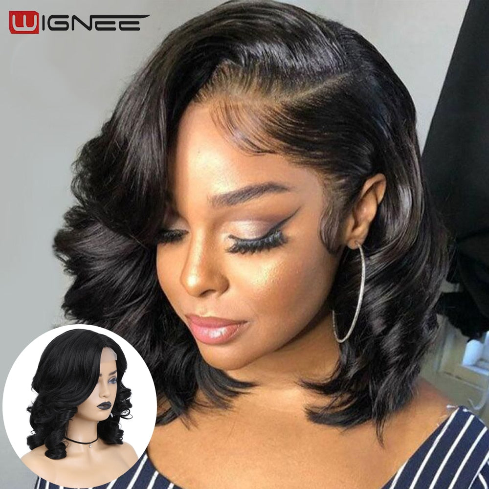 Wignee Body Wave Wig Side Part Synthetic Lace Wigs Ombre 613 Blonde Bob Short Wigs For Black Women Perruque Cosplay Daily Use