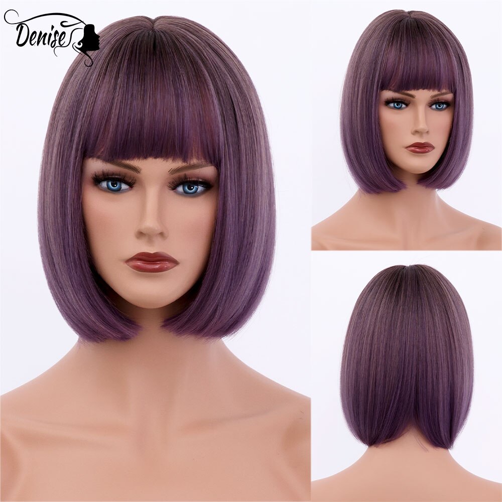 Short  Bob Wig Brown Straight Hair Synthetic Wigs With Bangs For White Women Nutural Cosplay Lolita Heat Resistant Perruque