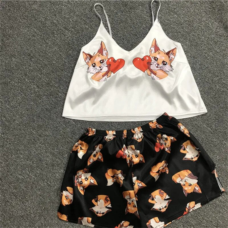 Animal Cartoon Print Lovely Sleepwear Home Suit Summer V Neck Sexy Pyjamas Women Spaghetti Strap Loose Pijama Satin Femme Cat