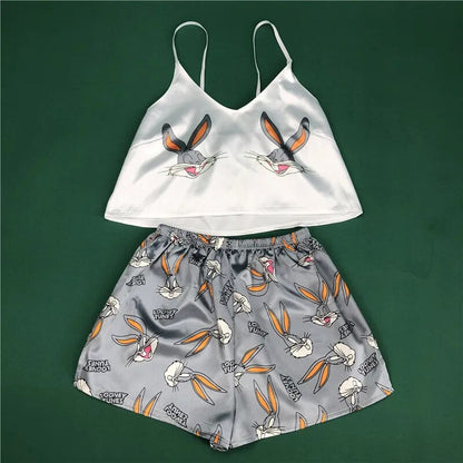 Animal Cartoon Print Lovely Sleepwear Home Suit Summer V Neck Sexy Pyjamas Women Spaghetti Strap Loose Pijama Satin Femme Cat