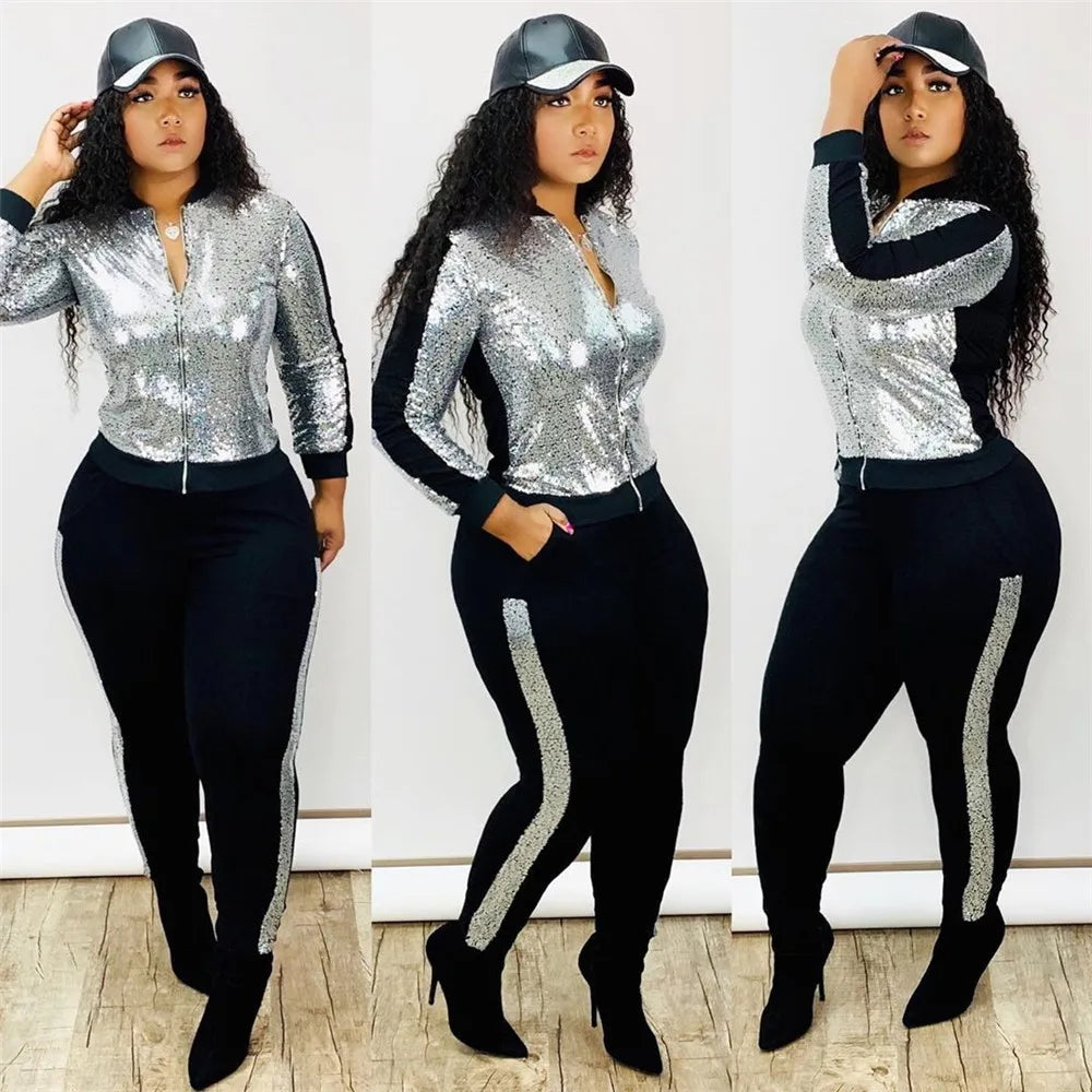 Autumn Winter Sequin 2 Piece Set Women Tracksuit Long Sleeve Jacket Top Pants Suit Streetwear Sparkly Matching Sets Club Outfits deriluja