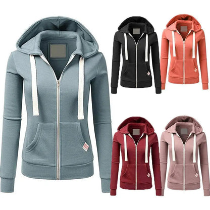 Casual Women Autumn Solid Color Long Sleeve Hoodie Pockets Zipper Sports Outwear Coat Hoodies Women Pocket Coat Sweatshirts