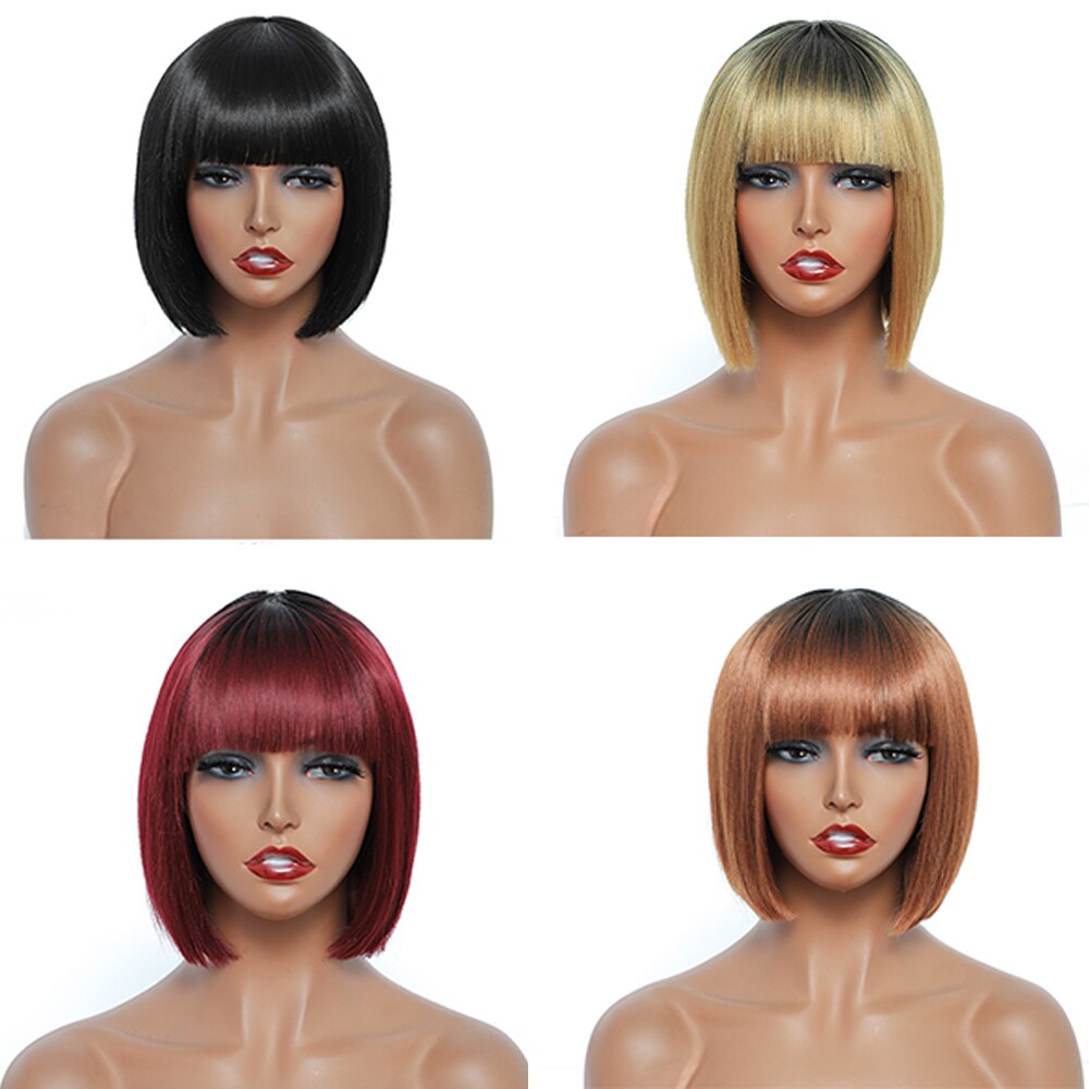 Short Bob Wig With Bangs Synthetic Wigs For Women Ombre Black Red Blonde Pink Lolita Cosplay Party Natural Hair Perruque Bob