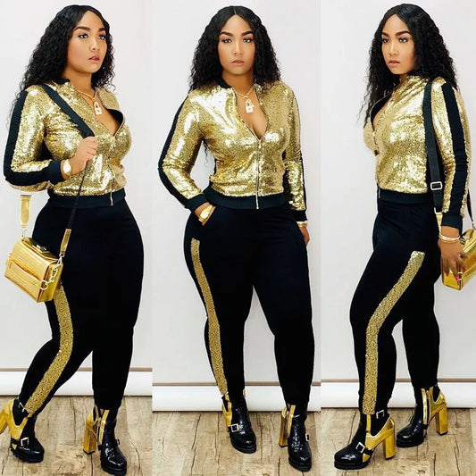 Autumn Winter Sequin 2 Piece Set Women Tracksuit Long Sleeve Jacket Top Pants Suit Streetwear Sparkly Matching Sets Club Outfits deriluja