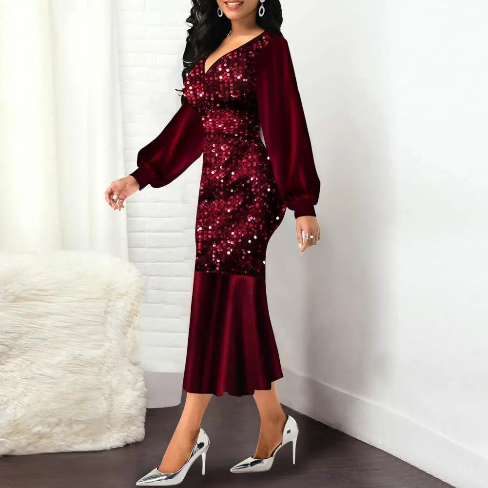 Women Formal Dress Sequin V Neck Shiny Long Sleeve Patchwork Bodycon Dress for Party Wedding pour