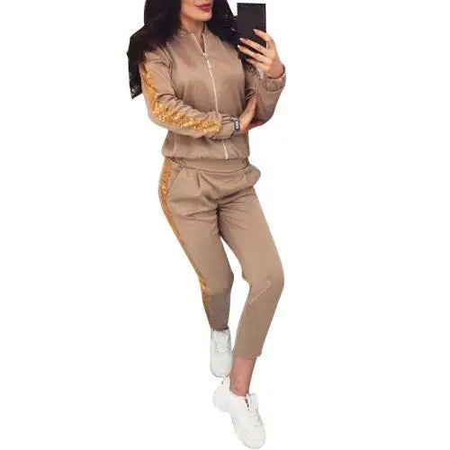 New 2Pcs/Set  Women Jogging Suit Sequins Patchwork Regular Tracksuits  Sequins Patchwork Sweatshirt Coat Pants Set deriluja