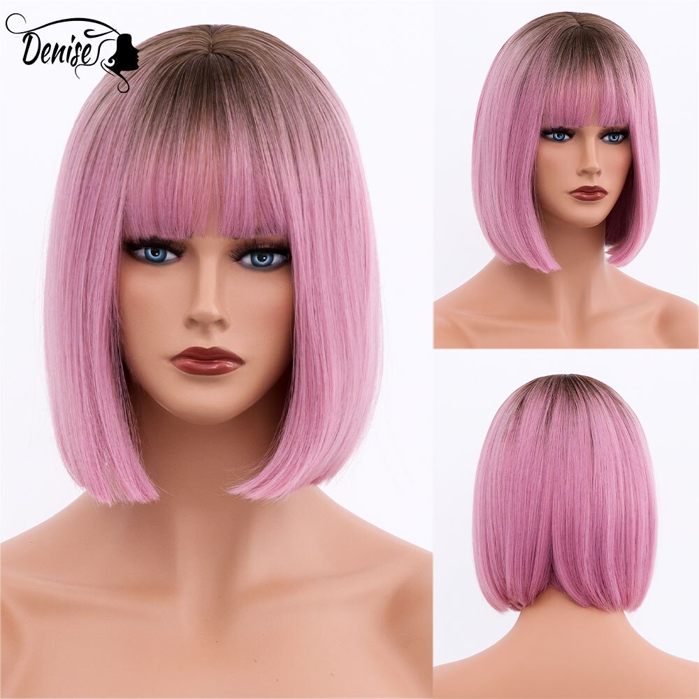 Short  Bob Wig Brown Straight Hair Synthetic Wigs With Bangs For White Women Nutural Cosplay Lolita Heat Resistant Perruque