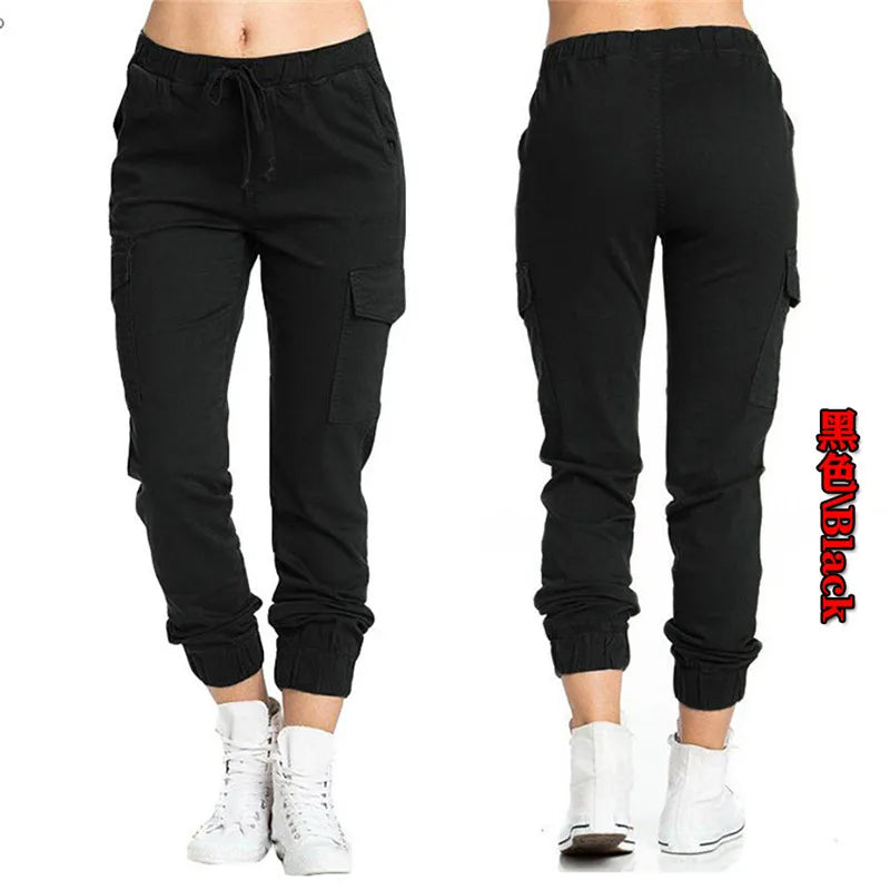 2024 New Solid Jogger Women's Cargo Pants Multi-Pocket Drawstring Elastic Waist Women Sports Pants Streetwear Casual Long Pant