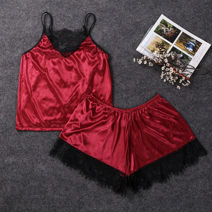 Women Sleepwear Satin Sexy  Lace Pajamas Set Female Elegant Sleeveless Top and Shorts Night Suit Pj Set Underwear freo