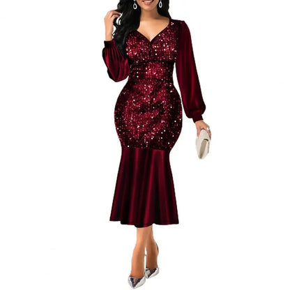 Women Formal Dress Sequin V Neck Shiny Long Sleeve Patchwork Bodycon Dress for Party Wedding pour