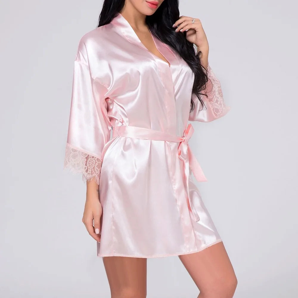 Loose Robes Dress Women Lace Satin Nightgown Sexy Smooth Sleepwear Female Lingerie V Neck Night Dressing With Belt freo