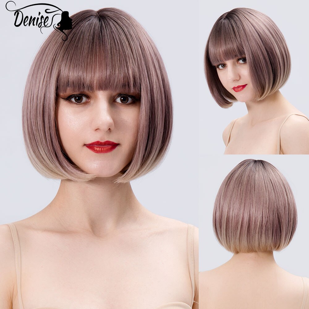 Short  Bob Wig Brown Straight Hair Synthetic Wigs With Bangs For White Women Nutural Cosplay Lolita Heat Resistant Perruque