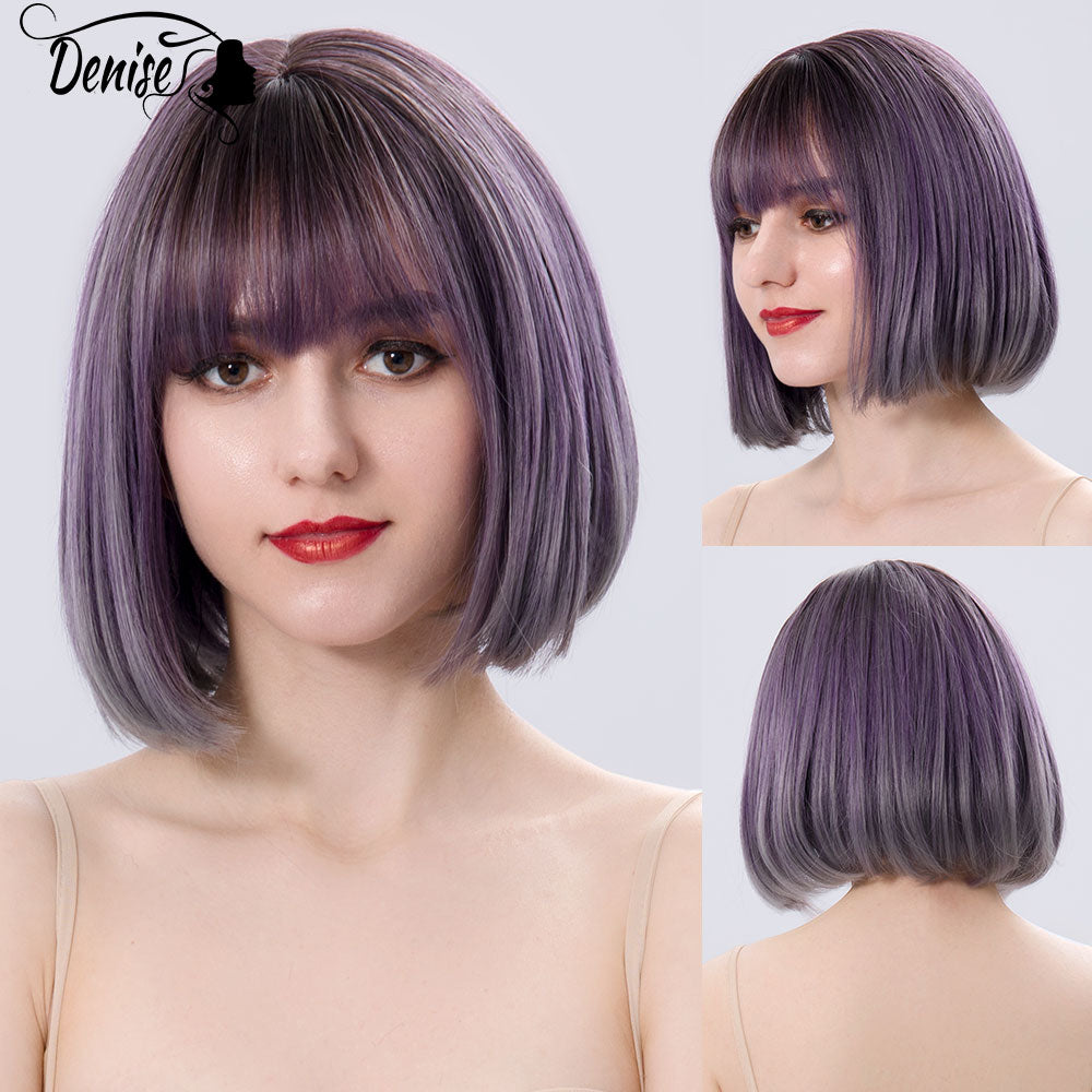 Short  Bob Wig Brown Straight Hair Synthetic Wigs With Bangs For White Women Nutural Cosplay Lolita Heat Resistant Perruque