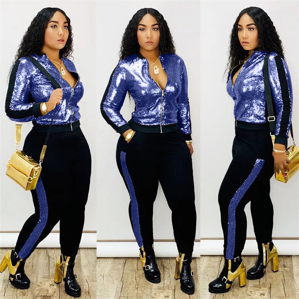 Autumn Winter Sequin 2 Piece Set Women Tracksuit Long Sleeve Jacket Top Pants Suit Streetwear Sparkly Matching Sets Club Outfits deriluja