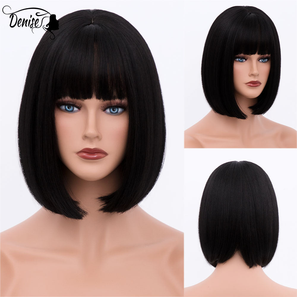 Short  Bob Wig Brown Straight Hair Synthetic Wigs With Bangs For White Women Nutural Cosplay Lolita Heat Resistant Perruque