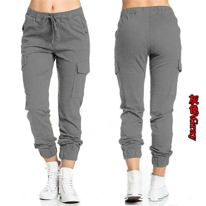 2024 New Solid Jogger Women's Cargo Pants Multi-Pocket Drawstring Elastic Waist Women Sports Pants Streetwear Casual Long Pant