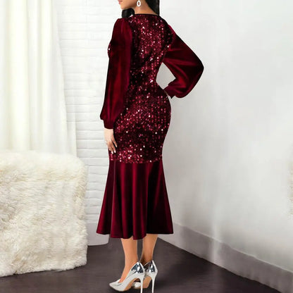 Women Formal Dress Sequin V Neck Shiny Long Sleeve Patchwork Bodycon Dress for Party Wedding pour