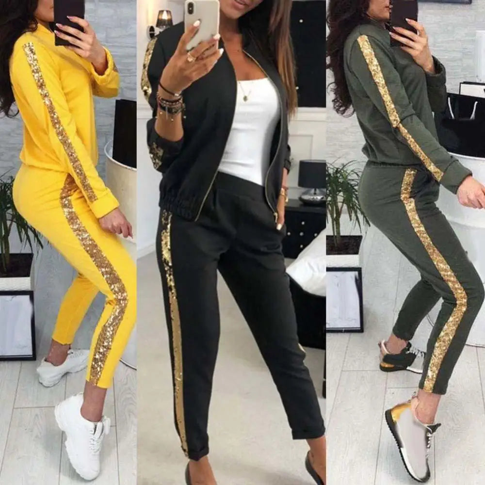 New 2Pcs/Set  Women Jogging Suit Sequins Patchwork Regular Tracksuits  Sequins Patchwork Sweatshirt Coat Pants Set deriluja