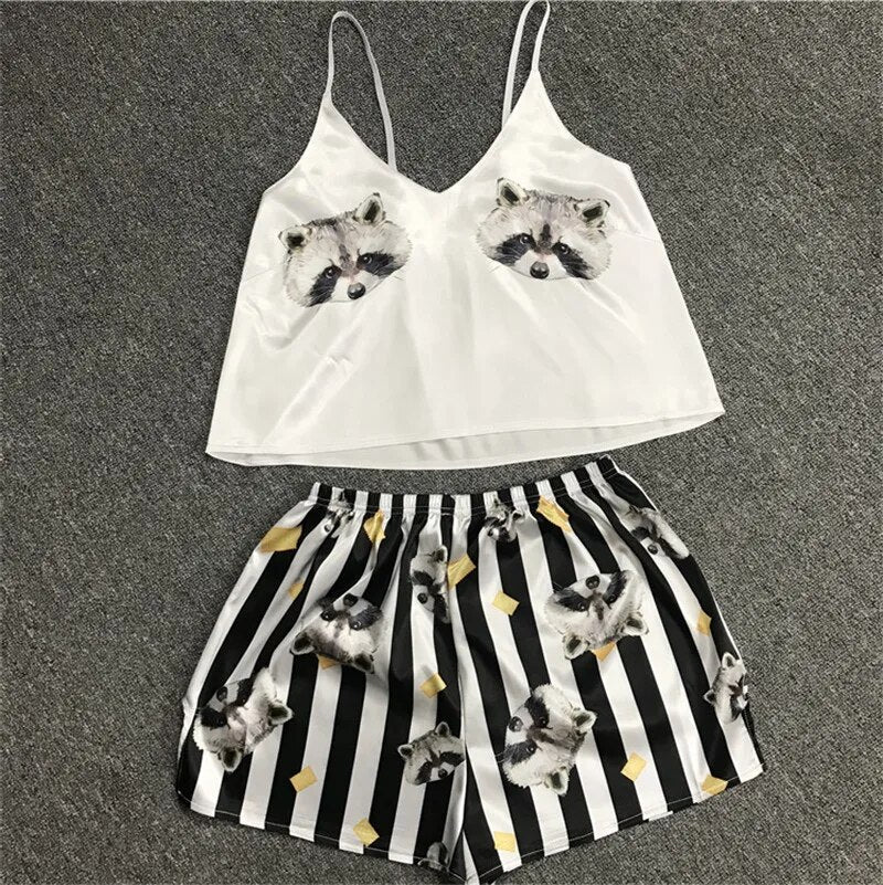 Animal Cartoon Print Lovely Sleepwear Home Suit Summer V Neck Sexy Pyjamas Women Spaghetti Strap Loose Pijama Satin Femme Cat