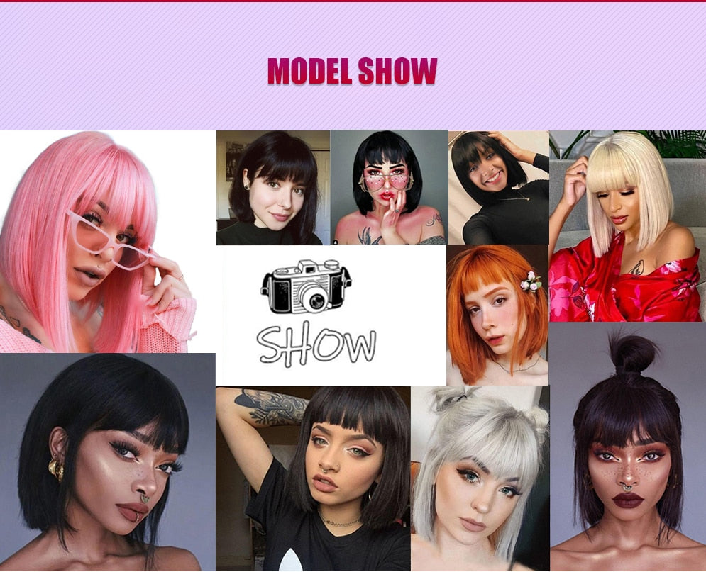 Short Bob Wig With Bangs Synthetic Wigs For Women Ombre Black Red Blonde Pink Lolita Cosplay Party Natural Hair Perruque Bob