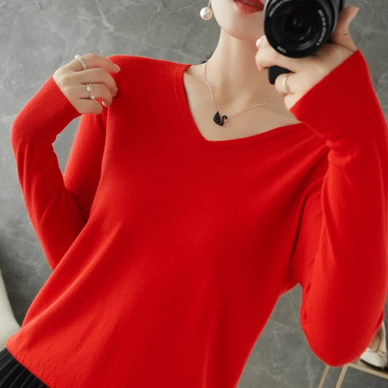 2024 New Fashion Female Cashmere Sweater Women's V-neck Solid Color Pullover Spring Autumn Long Sleeve Clothing Soft Knitwear 3k